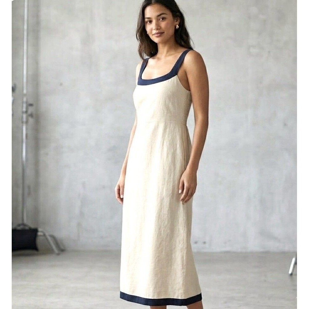 Abercrombie & Fitch Chic Tan Black Contrast-Trim Linen Cotton Midi Dress Size L